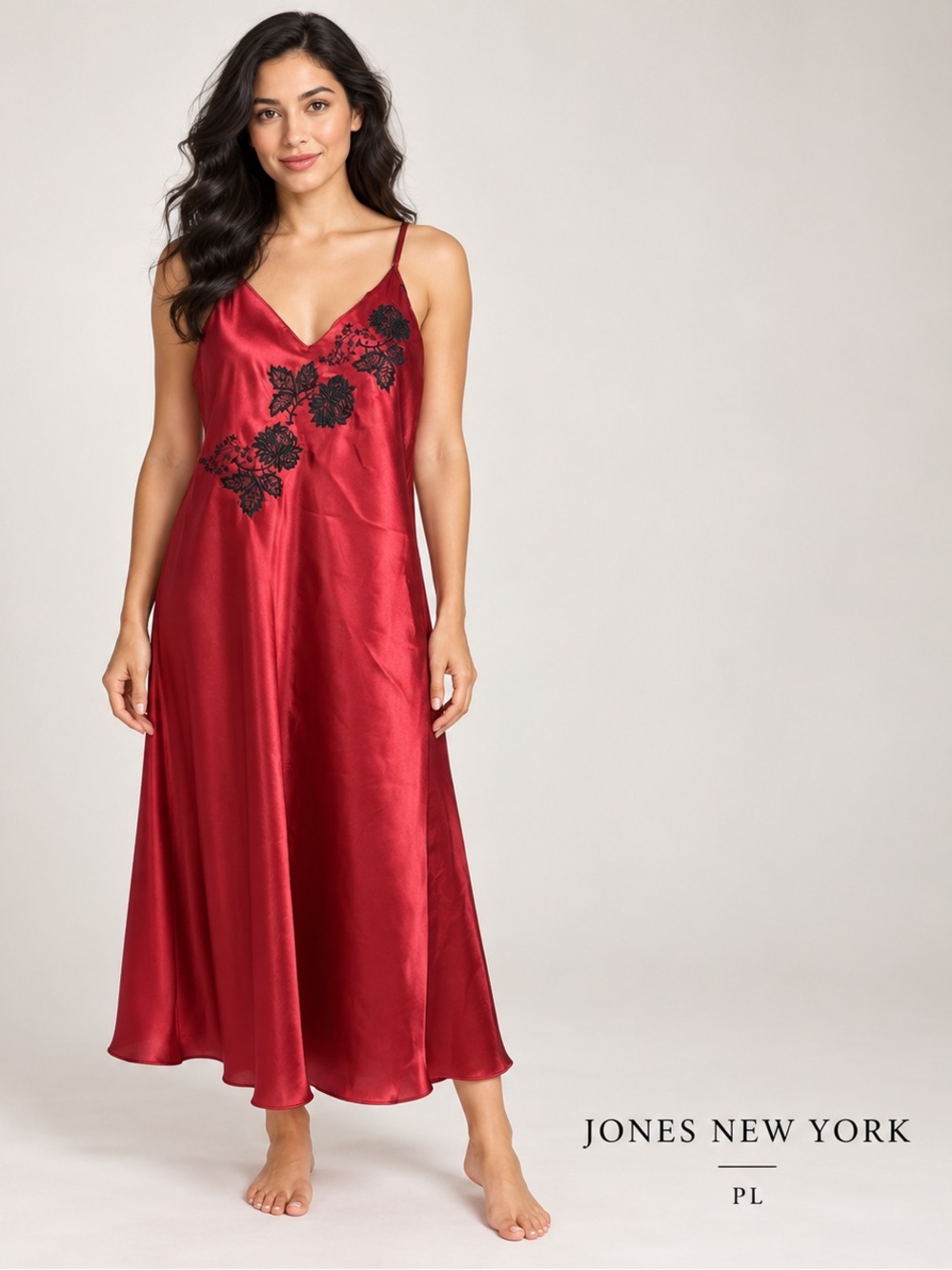 Jones New York Red Satin Floral Embroidered Maxi Slip Nightgown PL feminine